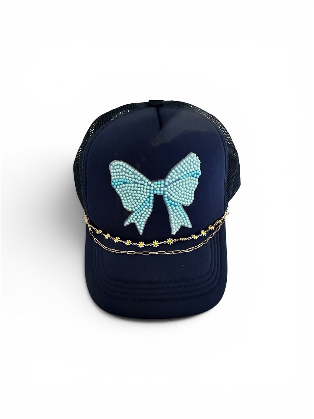 Navy Trucker Hat with Aqua Bow and Gold Chain Accent